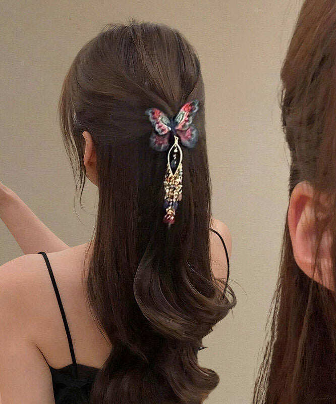 Chinese Style Rainbow Alloy Knit Glass Butterfly Tassel Hairpin