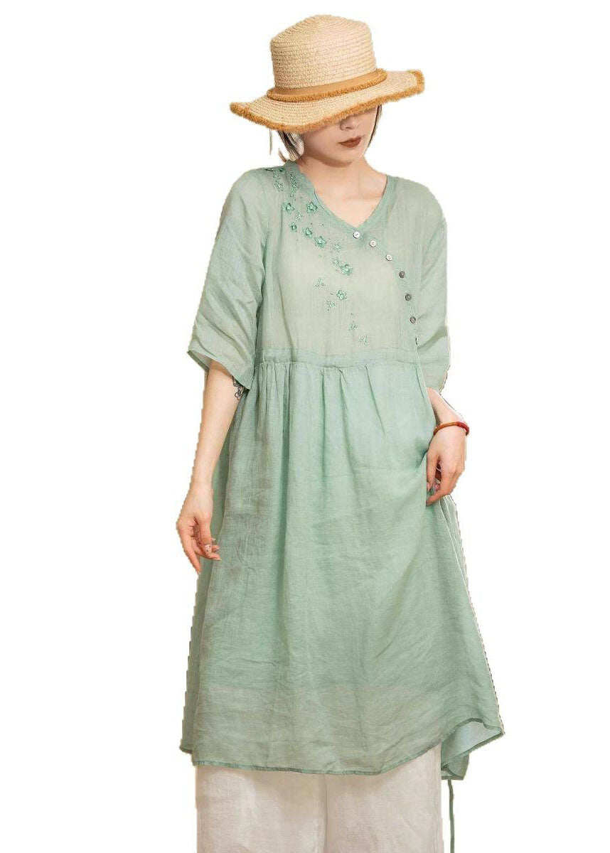 Vintage Green Embroidered Patchwork Lace Up Linen Dresses Summer