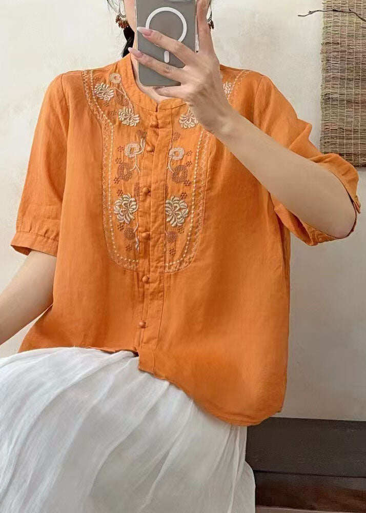Retro Fitted O-Neck Embroidered Linen Shirts Summer