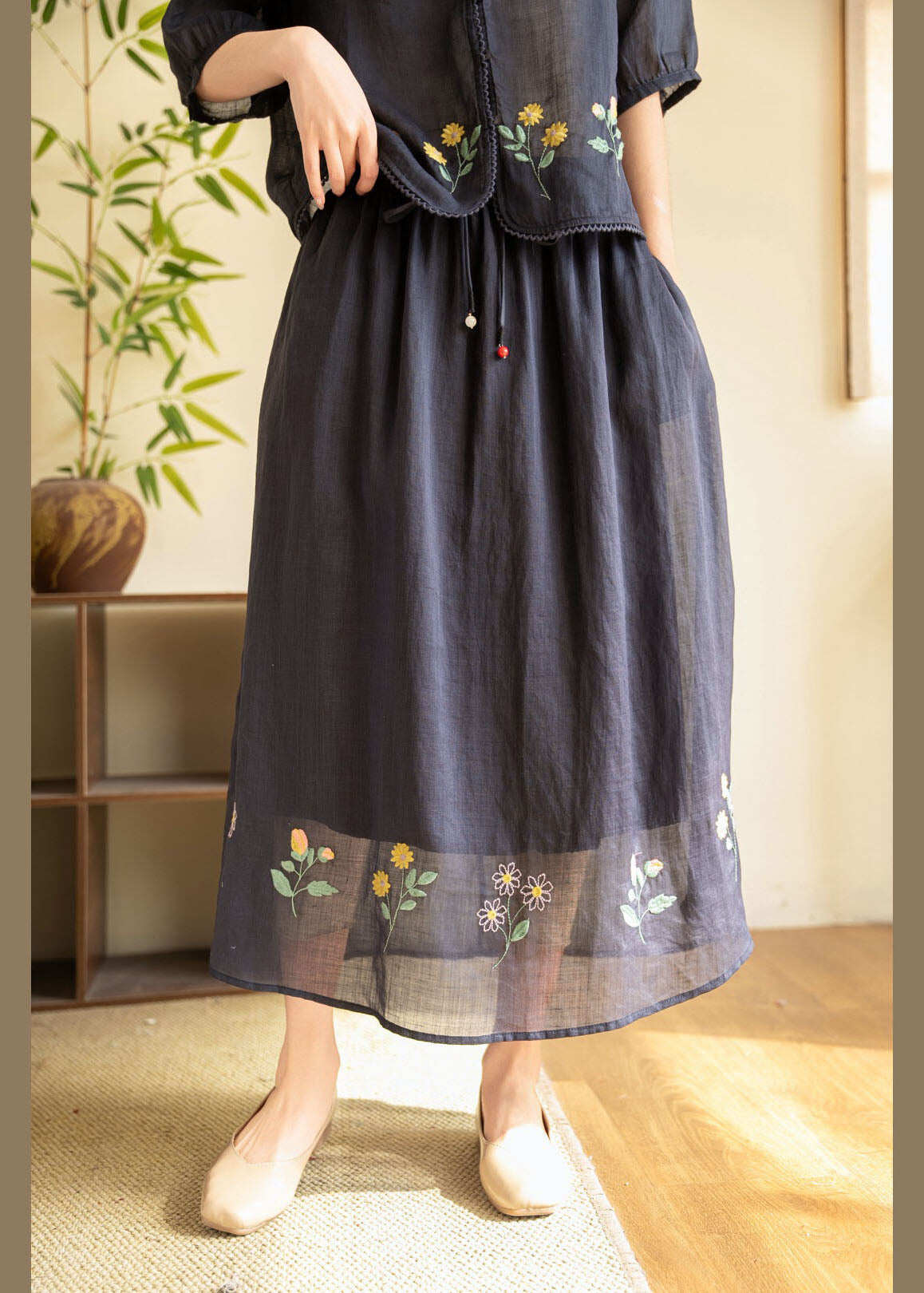Plus Size Yellow Embroidered Elastic Waist Linen Skirt Summer