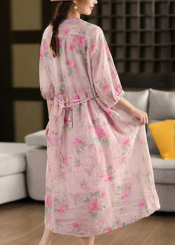 Cute Pink O-Neck Print Patchwork Linen Maxi Dress Half Sleeve