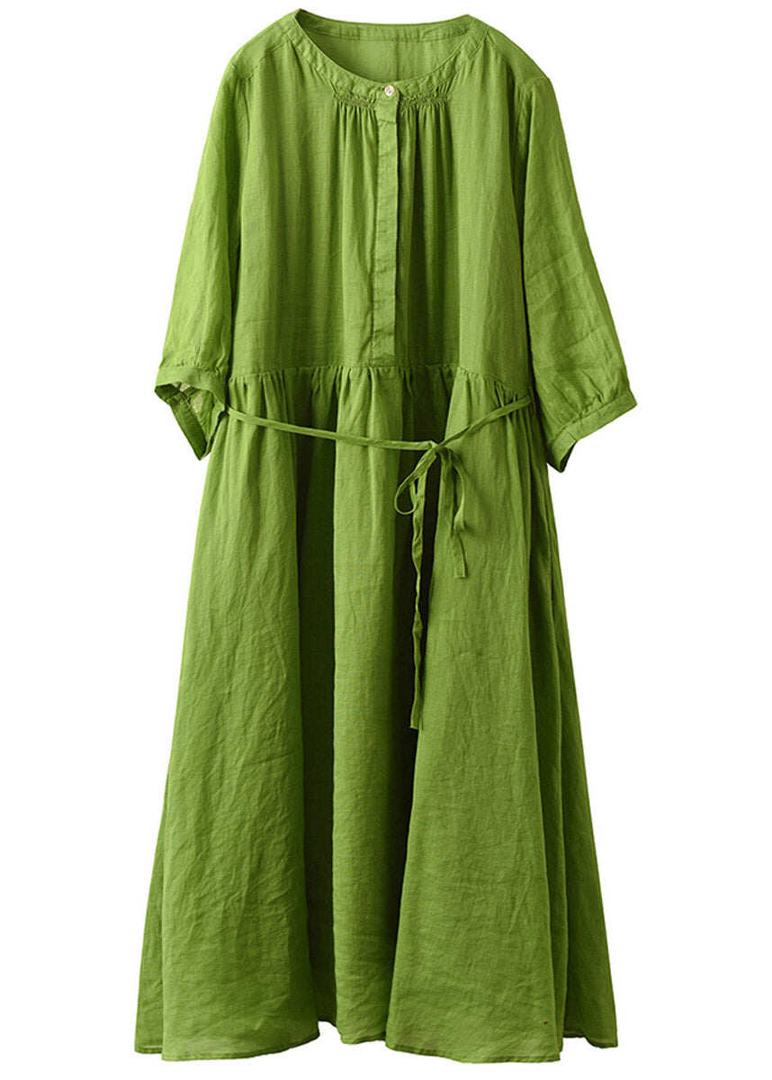 Boutique Green O-Neck Patchwork Solid Linen Long Dress Half Sleeve