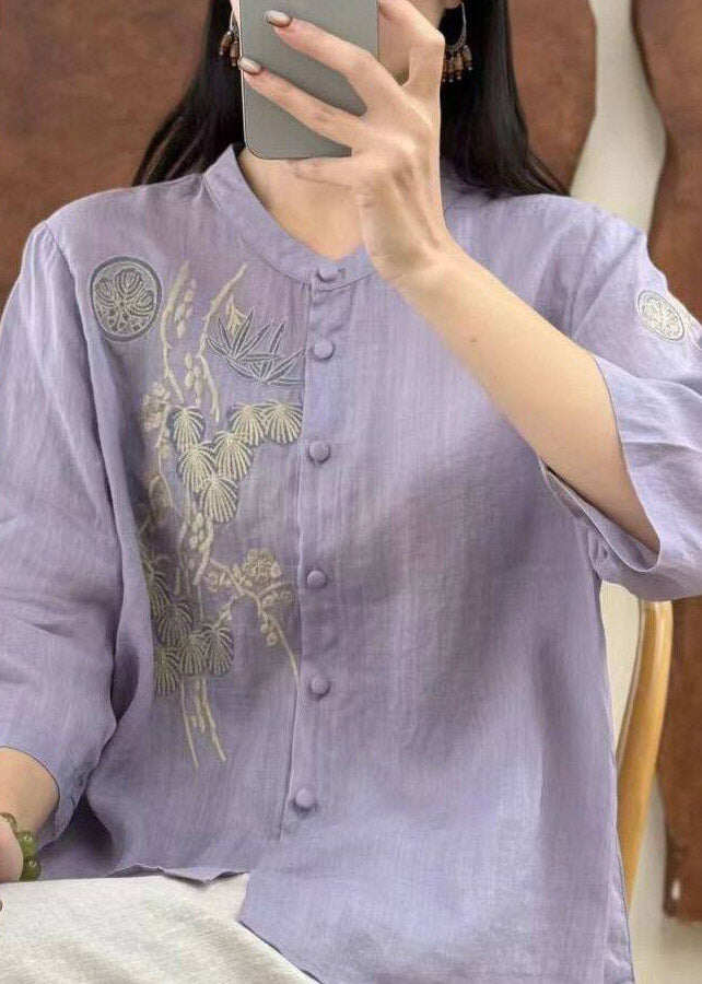 Chic Yellow O-Neck Embroidered Button Linen Top Three Quarter Sleeve