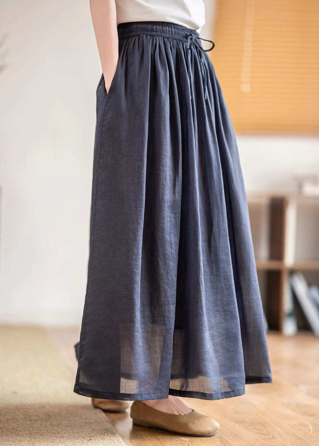 Boutique Green Pockets Elastic Waist Linen Skirts Summer