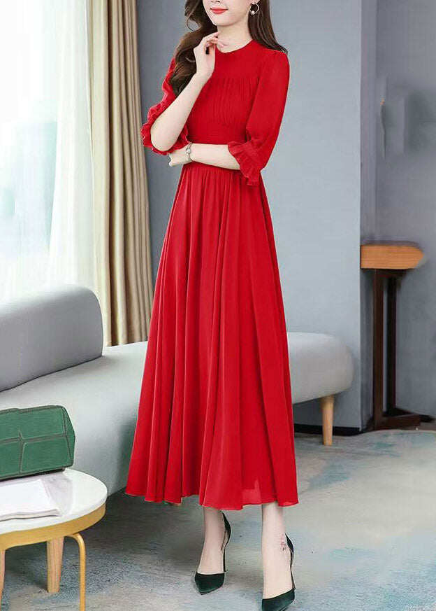Italian Red Ruffled Patchwork Party Chiffon Long Dress Half Sleeve