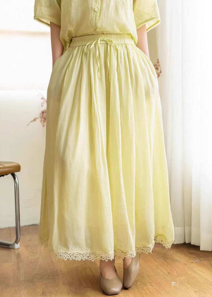 New Beige Pockets Patchwork Elastic Waist Linen Skirt Summer