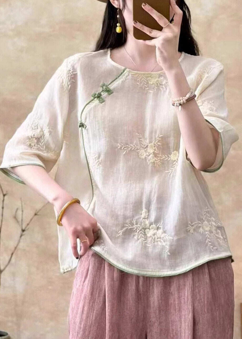 Chic White Embroidered Button Linen Tops Summer