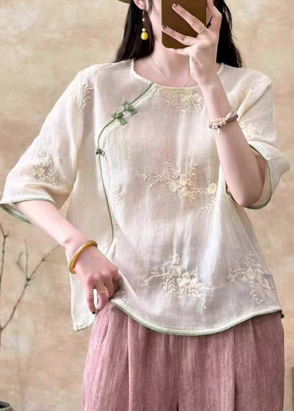 Chic White Embroidered Button Linen Tops Summer
