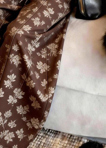 Fashion Brown Print Sashes High Waist Wide Leg Pants