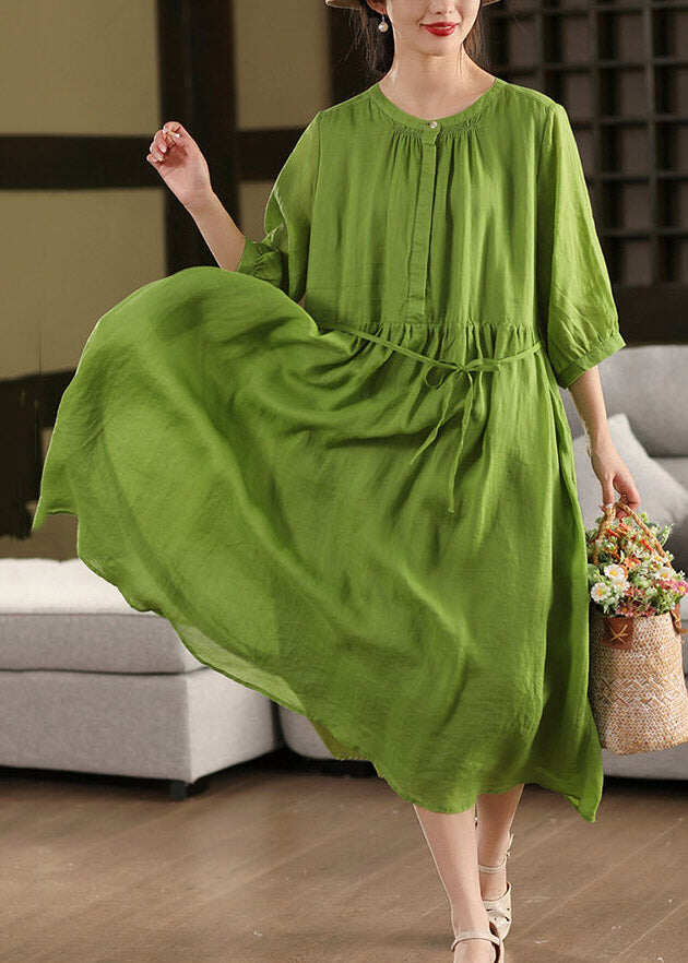 Boutique Green O-Neck Patchwork Solid Linen Long Dress Half Sleeve