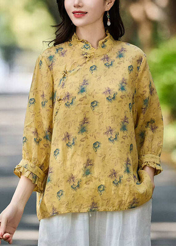 Natural Purple Stand Collar Ruffled Patchwork Linen Shirt Fall