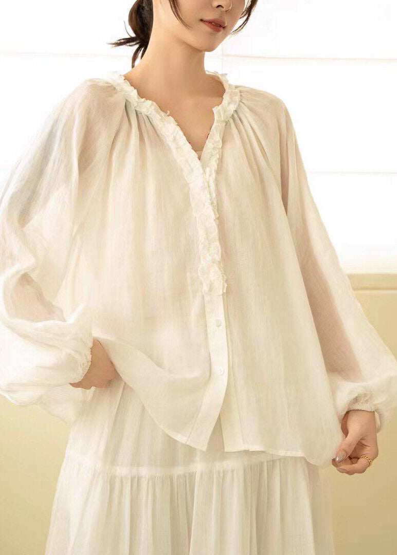 Modern White V Neck Patchwork Linen Shirt Fall