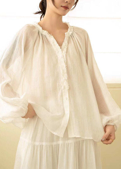 Modern White V Neck Patchwork Linen Shirt Fall