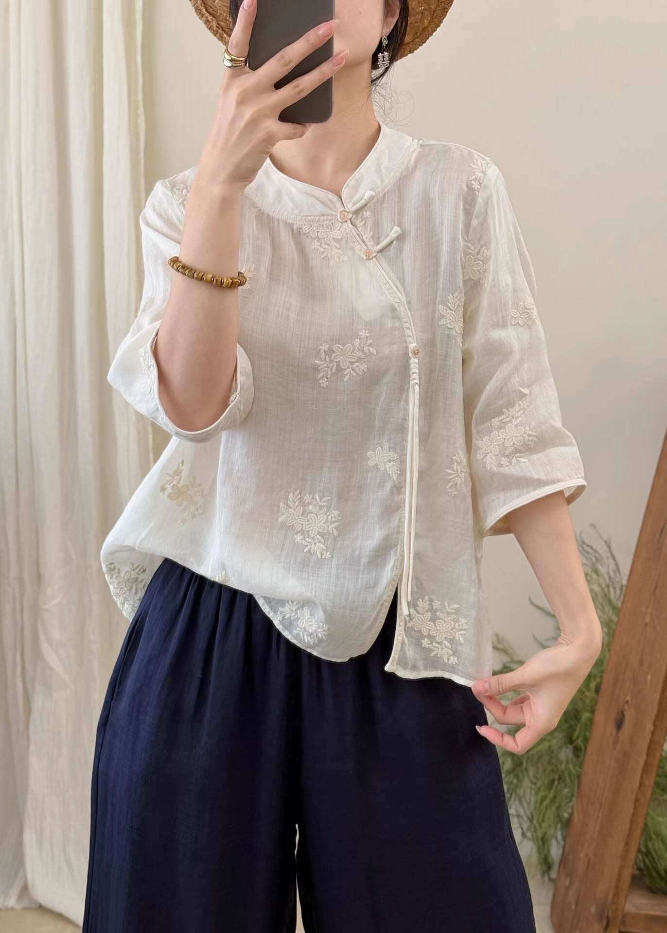 Boutique White Embroidered Oriental Button Linen Blouses Summer
