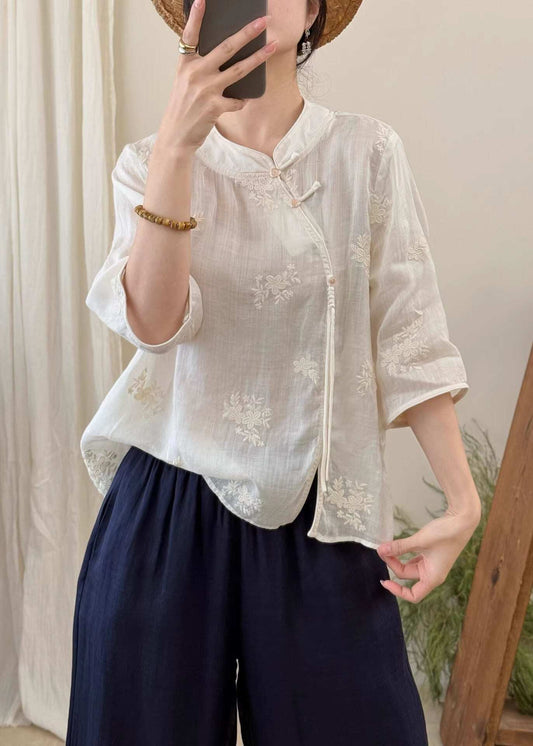 Boutique White Embroidered Oriental Button Linen Blouses Summer