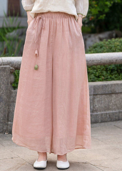 Loose Navy Pockets Elastic Waist Linen Pants Summer
