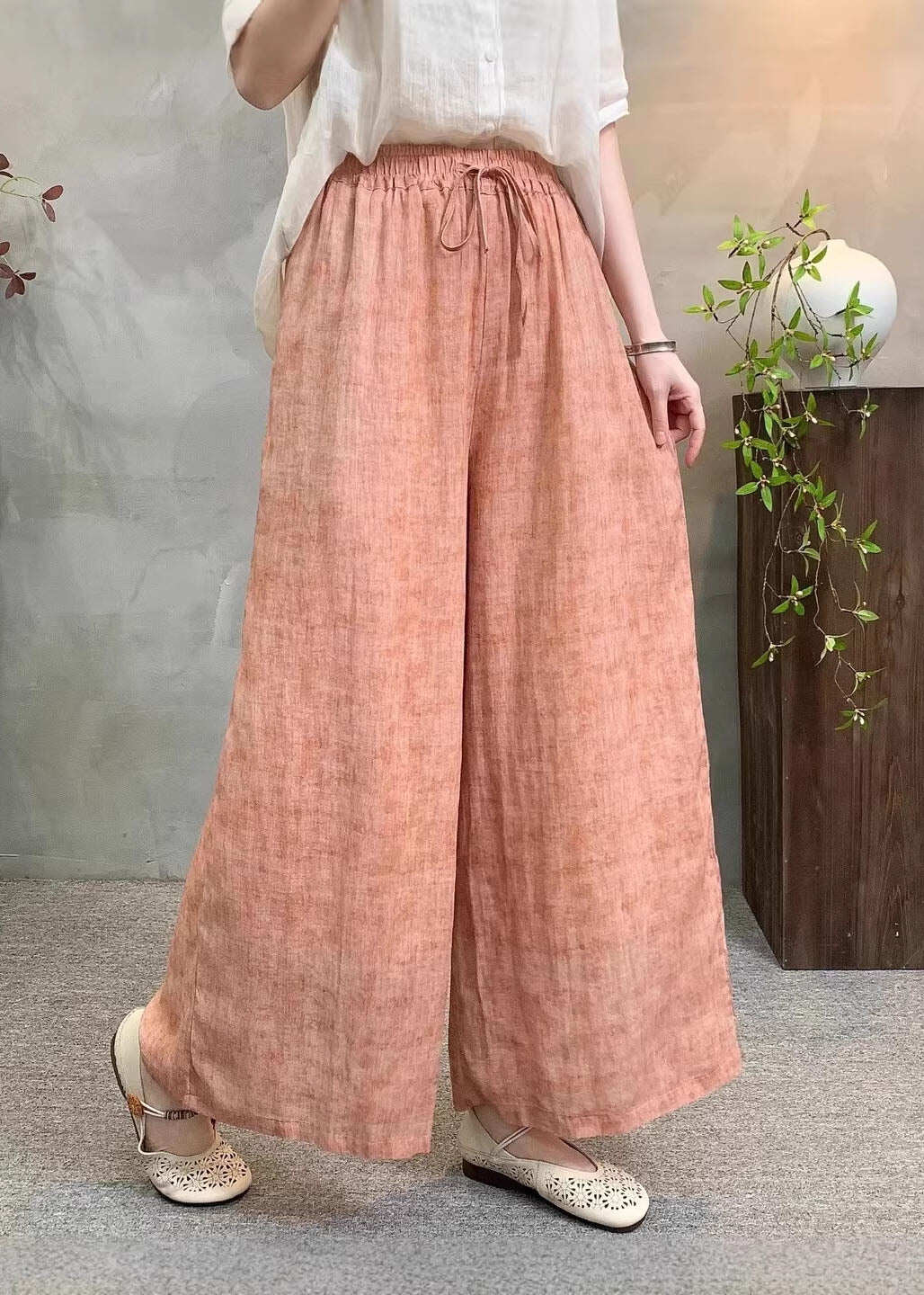 Casual Navy Pockets Tie Dye Elastic Waist Linen Pants Summer