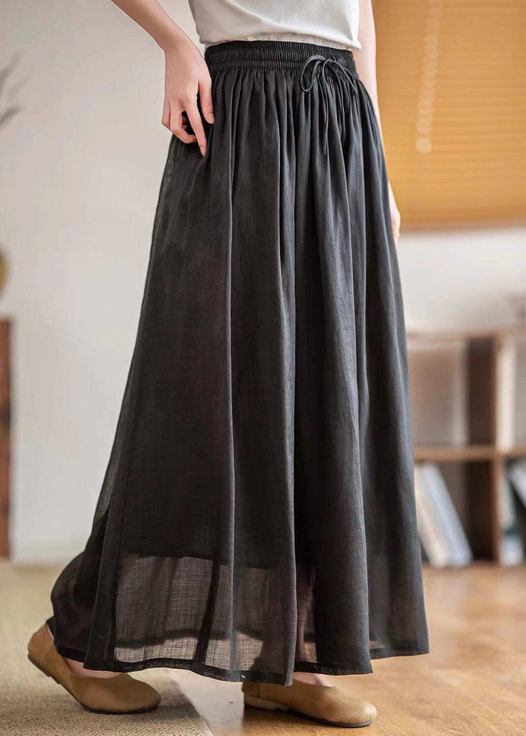 Boutique Green Pockets Elastic Waist Linen Skirts Summer
