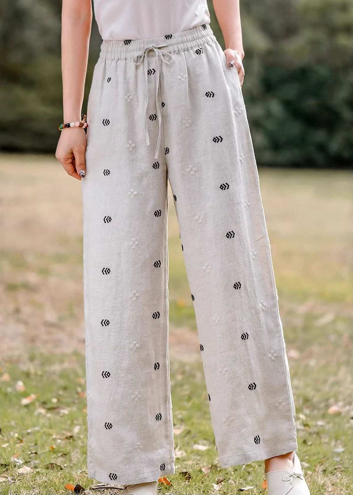 Women Casual Embroidered Pockets Elastic Waist Linen Pants Summer