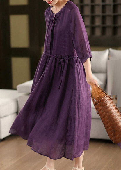 Purple Wrinkled Tie Waist Solid Linen Holiday Maxi Dress Summer
