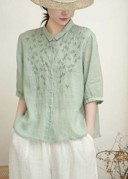 Casual Beige Peter Pan Collar Embroidered Linen Blouses Summer