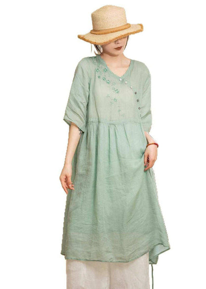 Vintage Green Embroidered Patchwork Lace Up Linen Dresses Summer