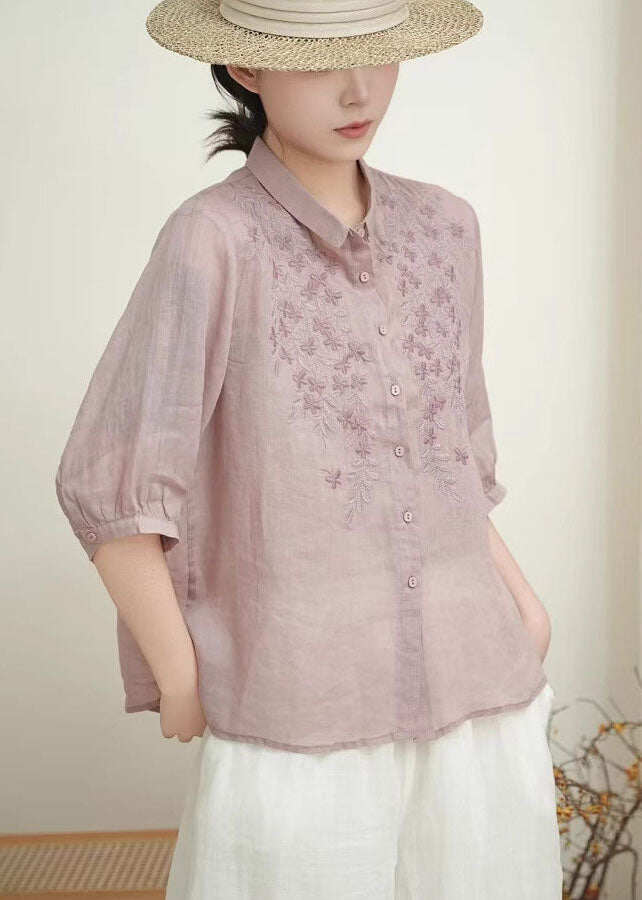 Casual Beige Peter Pan Collar Embroidered Linen Blouses Summer