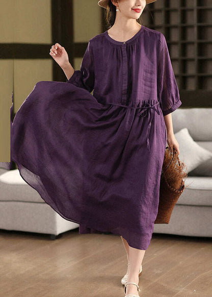 Purple Wrinkled Tie Waist Solid Linen Holiday Maxi Dress Summer