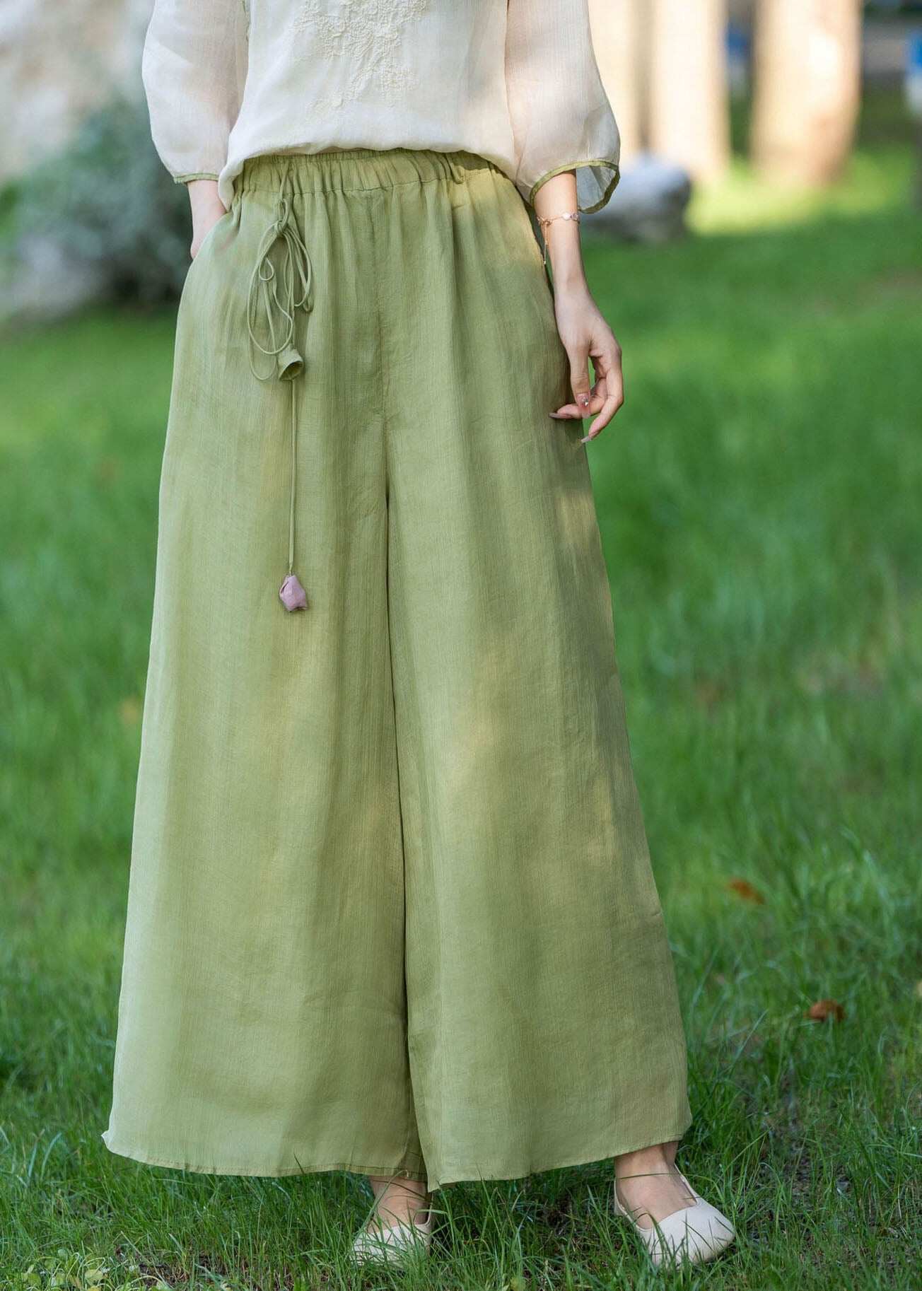 Beautiful Beige High Waist Elastic Waist Linen Pants Summer