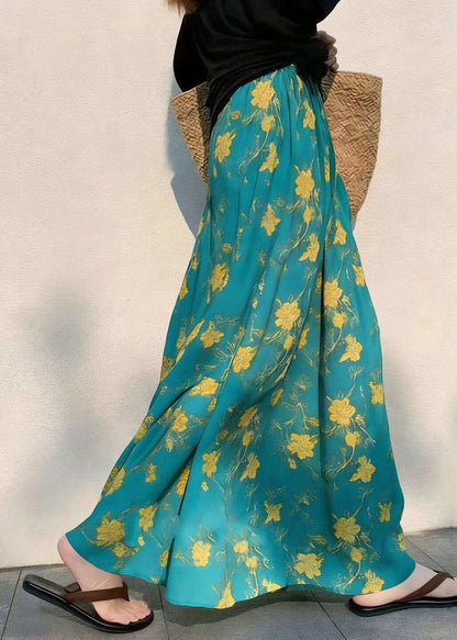 French Green Print Elastic Waist Draping A Line Skirts