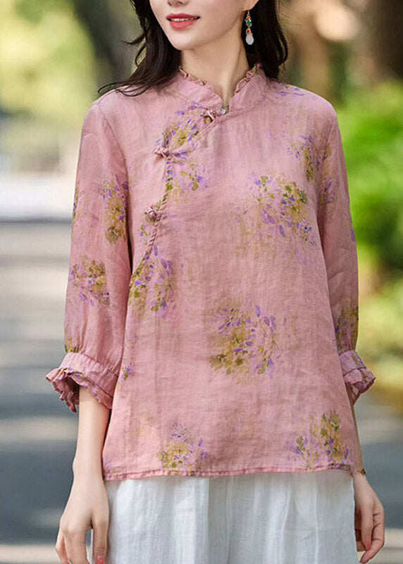 Natural Purple Stand Collar Ruffled Patchwork Linen Shirt Fall
