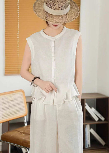 Fashion Yellow Ruffled Button Linen Shirt Tops Sleeveless