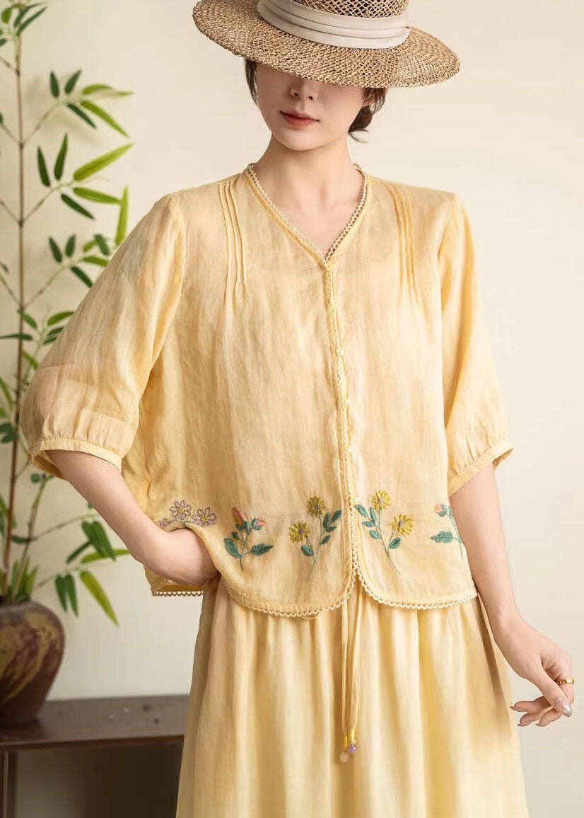 Women Navy V Neck Embroidered Linen Tops Summer