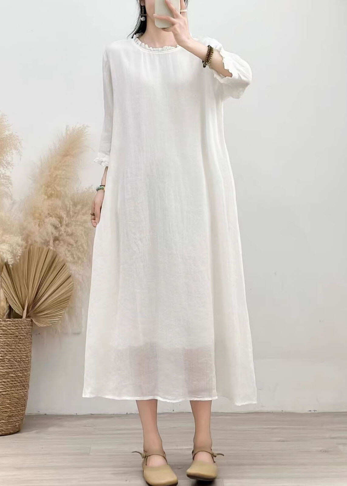 Beautiful White Ruffled Patchwork Linen Dresses Summer