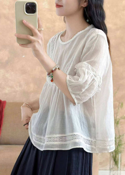 Brief Yellow O-Neck Wrinkled Solid Linen Top Half Sleeve