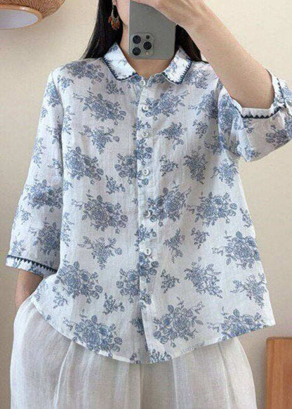 Vintage Red Peter Pan Collar Print Linen Shirt Three Quarter Sleeve