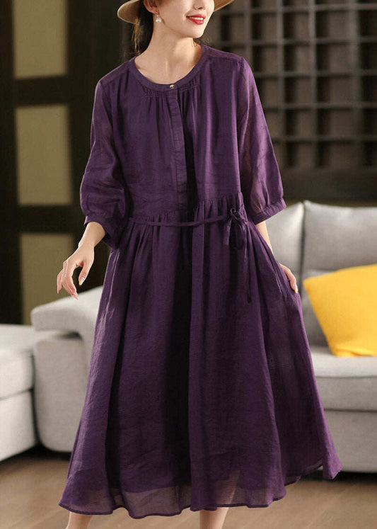 Purple Wrinkled Tie Waist Solid Linen Holiday Maxi Dress Summer
