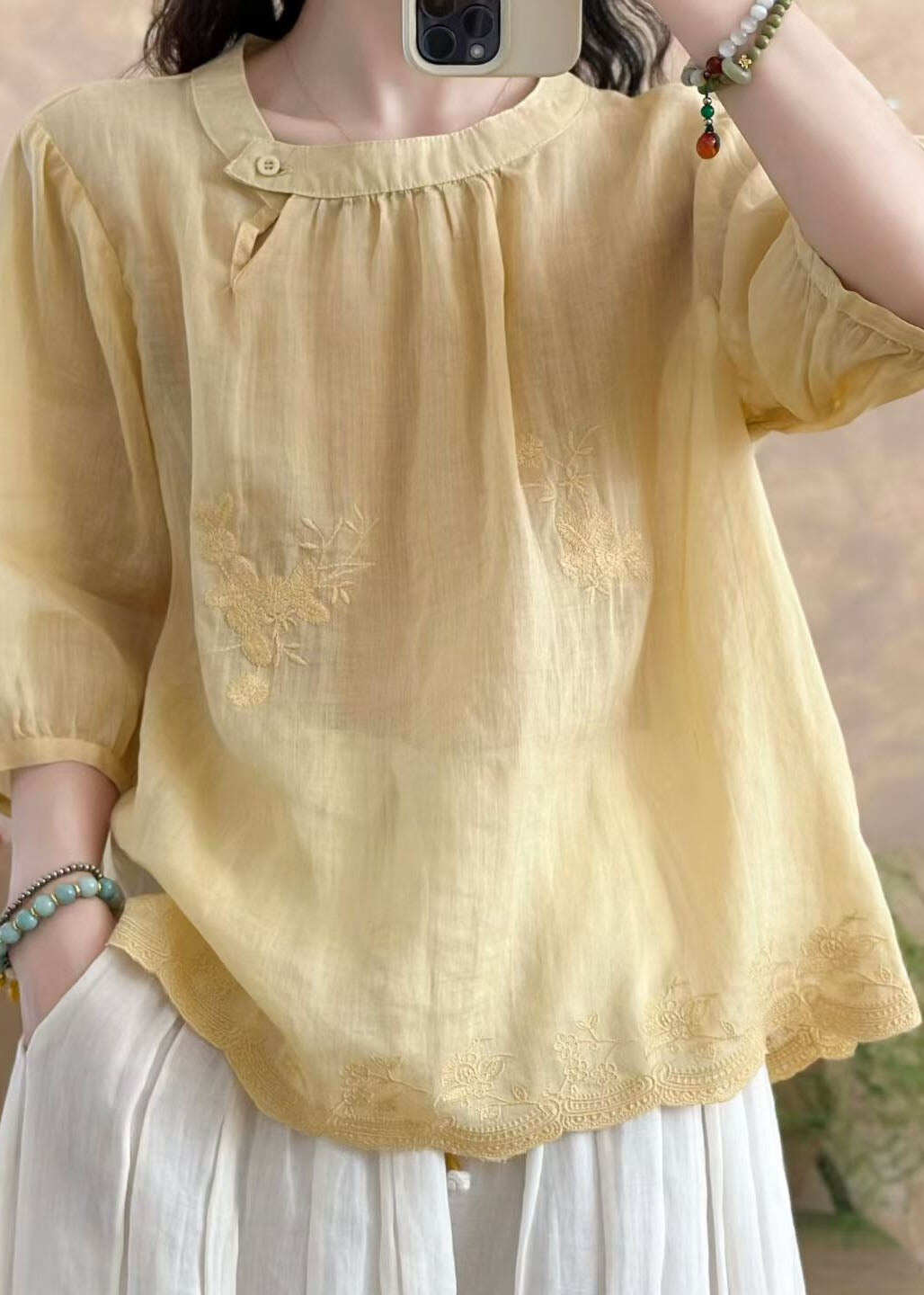 New White O-Neck Embroidered Linen T Shirt Tops Summer