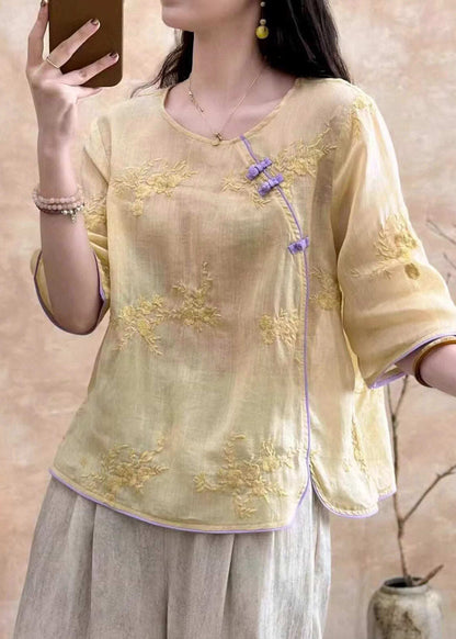 Chic White Embroidered Button Linen Tops Summer