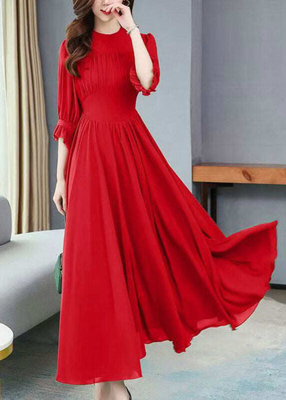 Italian Red Ruffled Patchwork Party Chiffon Long Dress Half Sleeve