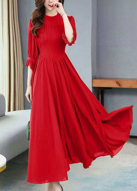 Italian Red Ruffled Patchwork Party Chiffon Long Dress Half Sleeve