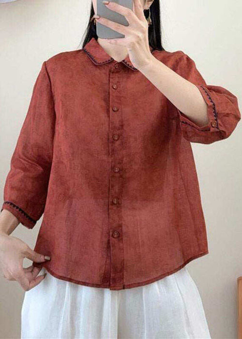 Vintage Red Peter Pan Collar Print Linen Shirt Three Quarter Sleeve