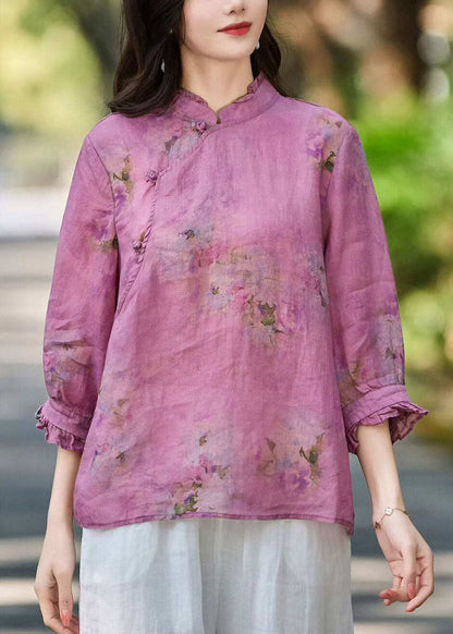 Natural Purple Stand Collar Ruffled Patchwork Linen Shirt Fall