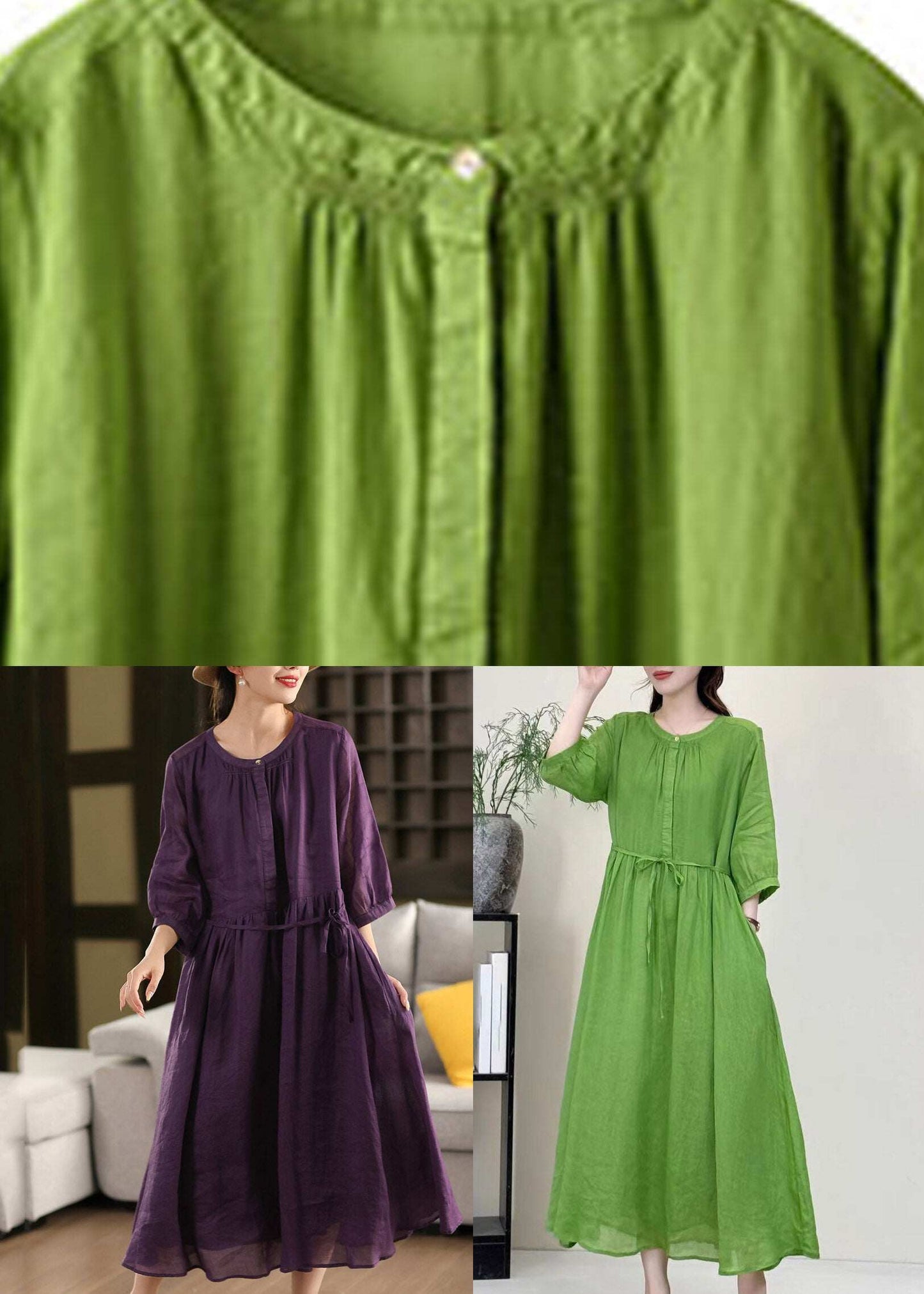 Boutique Green O-Neck Patchwork Solid Linen Long Dress Half Sleeve