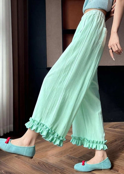 Beautiful Light Green Ruffled Patchwork Solid Wide Leg Pants Summer