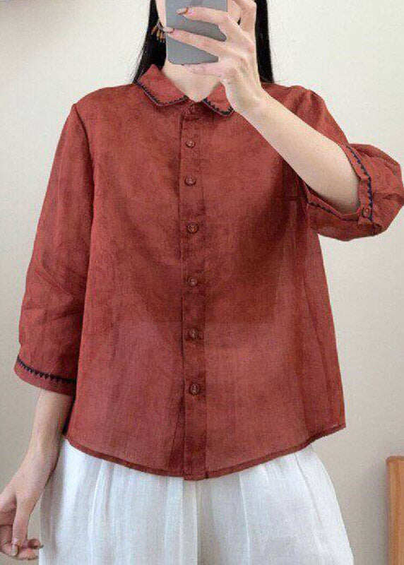 Vintage Red Peter Pan Collar Print Linen Shirt Three Quarter Sleeve