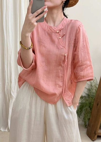 Boutique White Embroidered Oriental Button Linen Blouses Summer