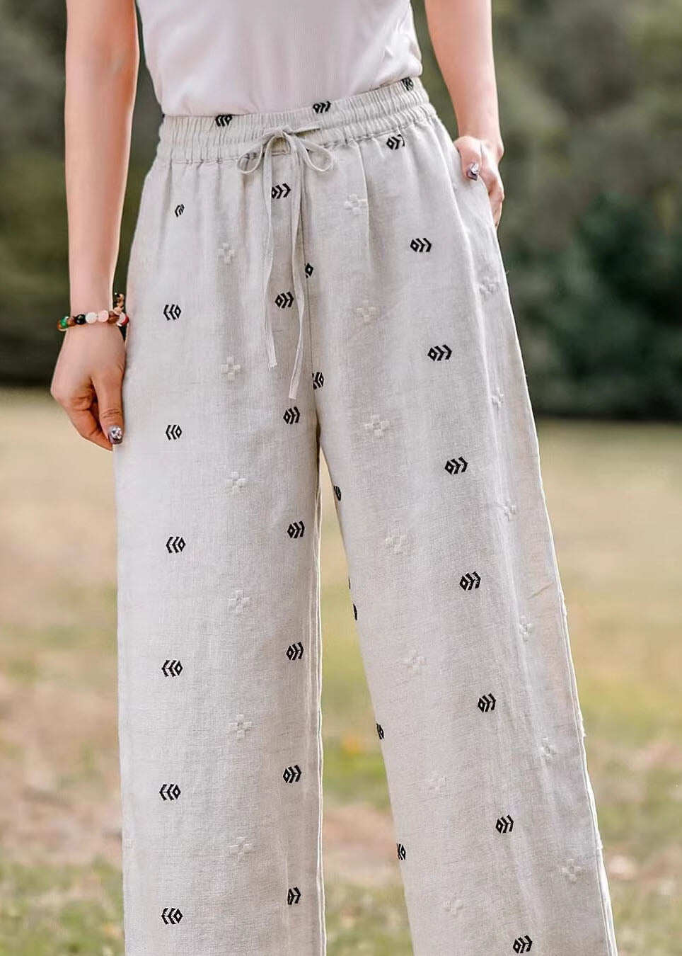 Women Casual Embroidered Pockets Elastic Waist Linen Pants Summer