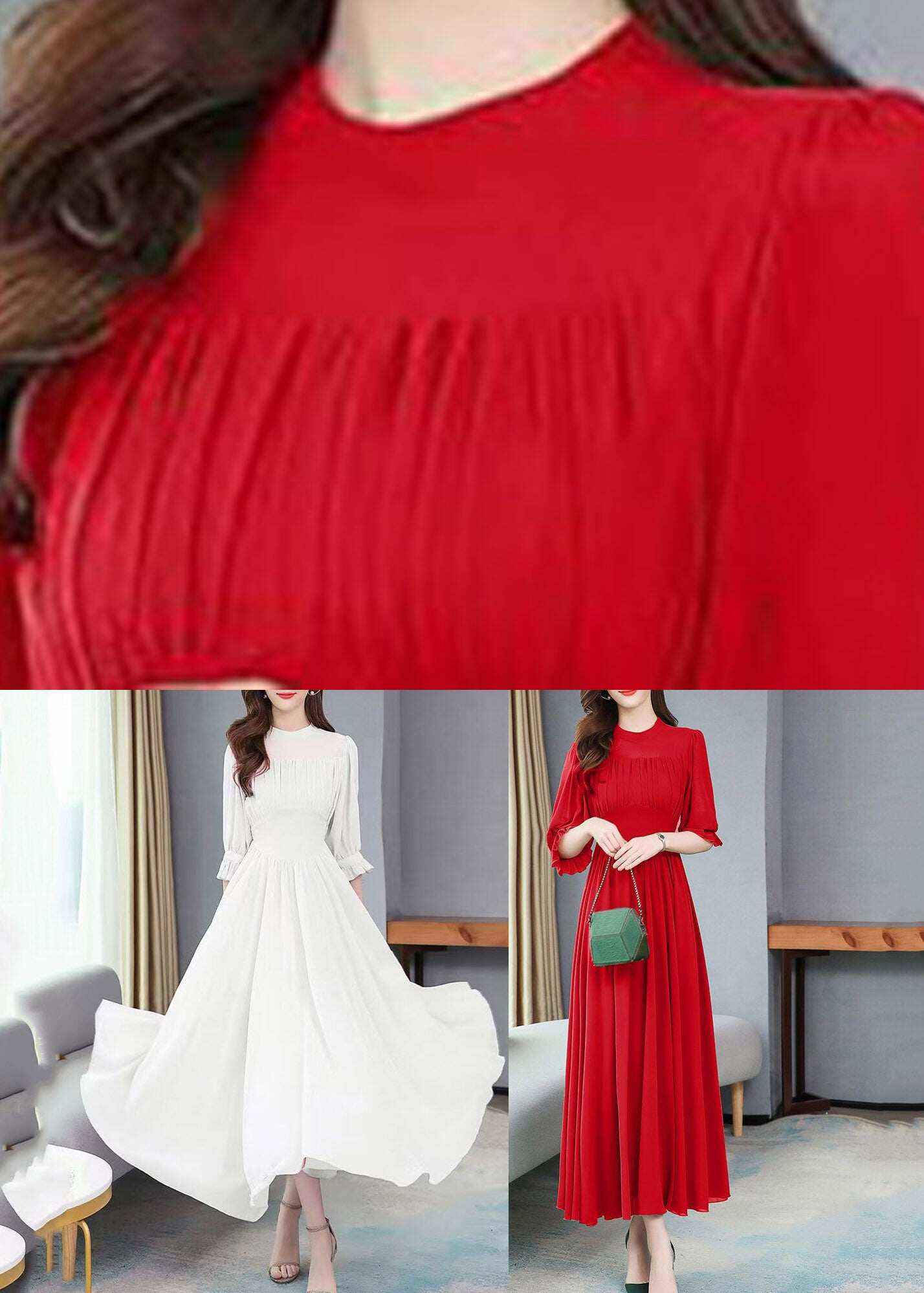 Italian Red Ruffled Patchwork Party Chiffon Long Dress Half Sleeve