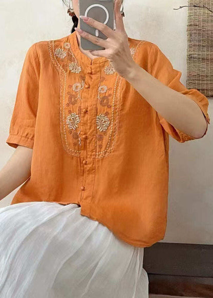 Retro Fitted O-Neck Embroidered Linen Shirts Summer